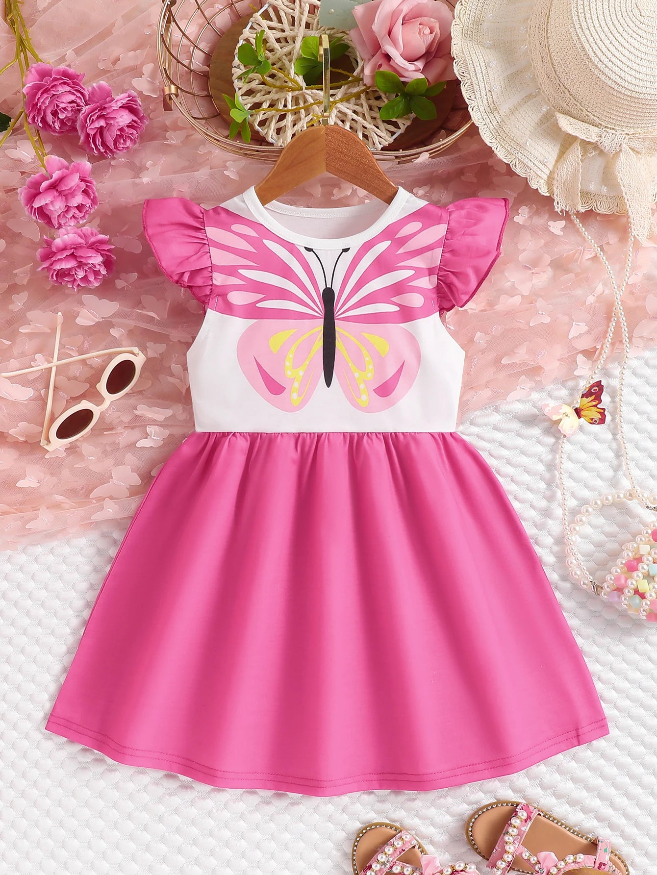 Girl's Butterfly Print Small Flying Sleeve Dress