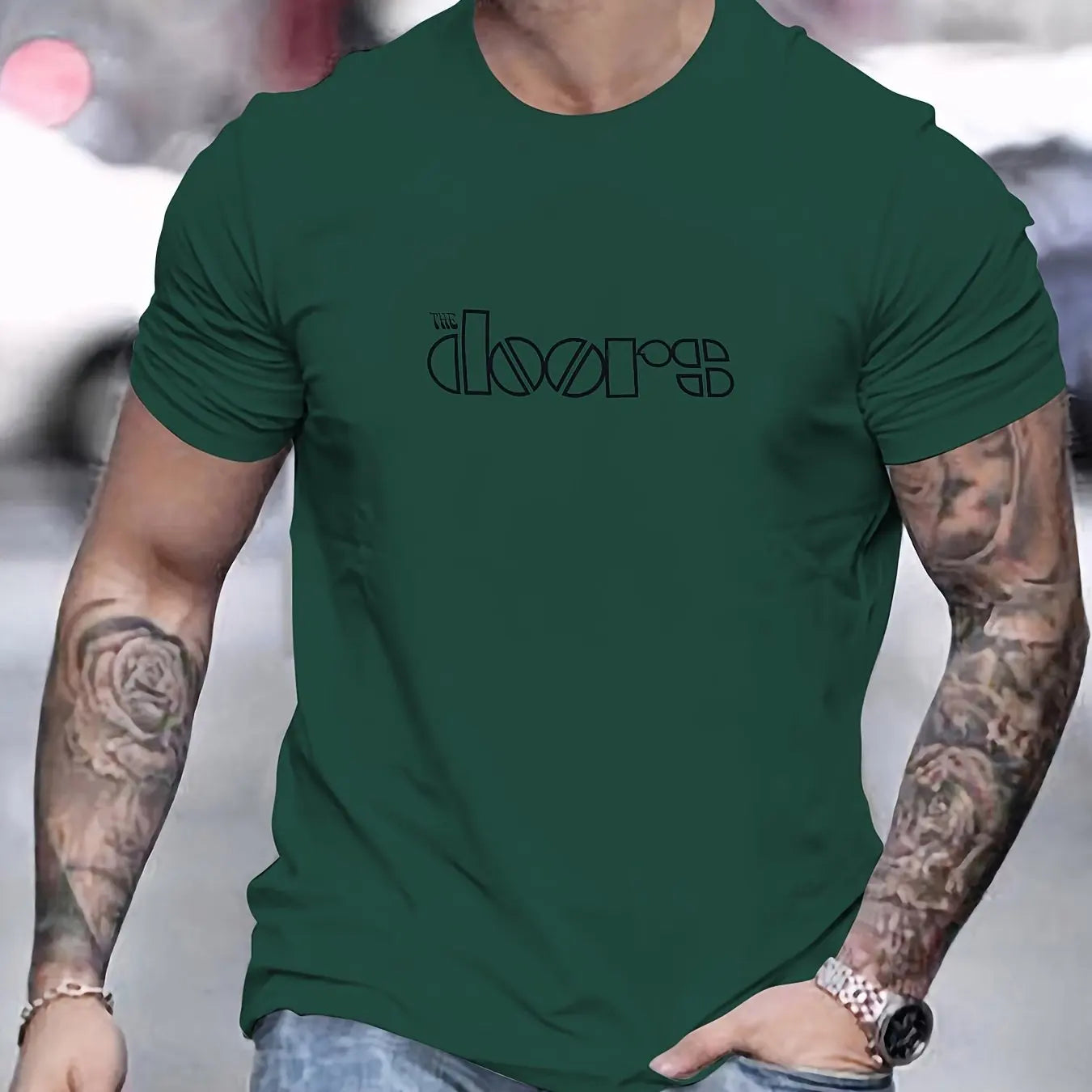 Men's Doors Printed Round Neck Short Sleeved T-shirt