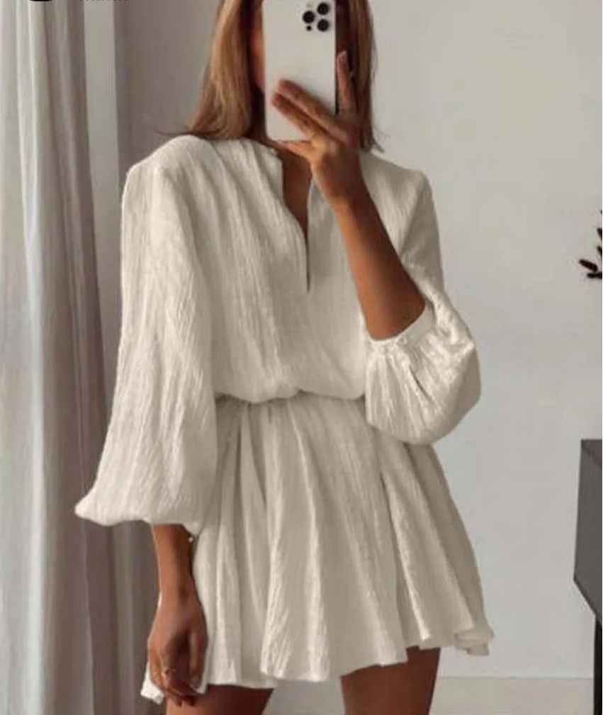 V-Neck Long Sleeve Lace-Up Dress