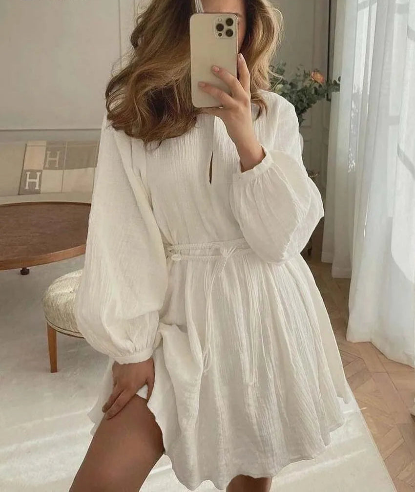 V-Neck Long Sleeve Lace-Up Dress