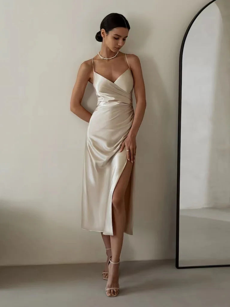 High Split Pleat Satin Formal Gown Dress