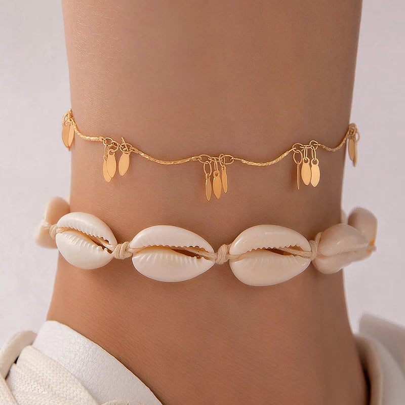 Boho Handmade Shell Seed Beads Anklet Set