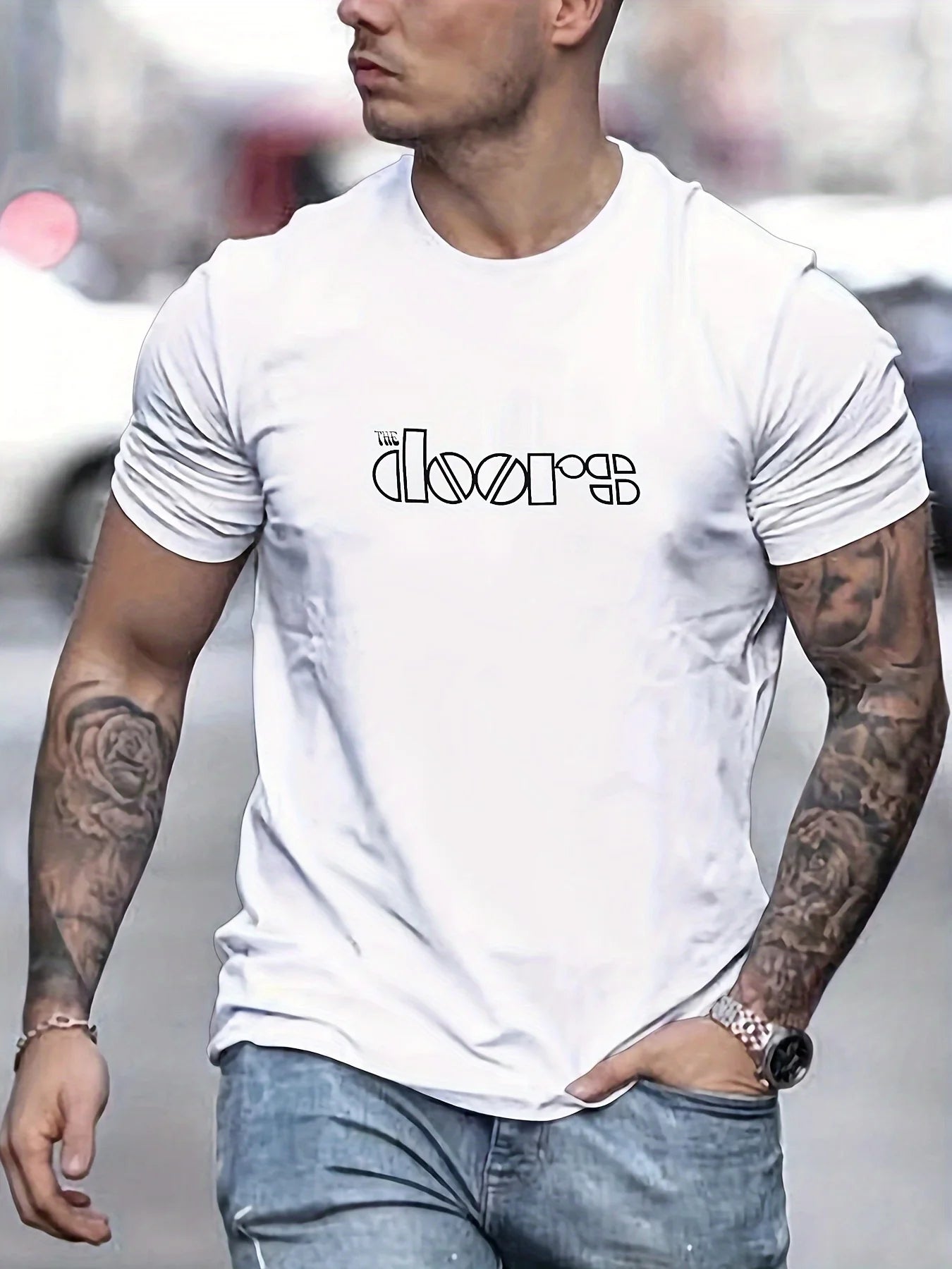 Men's Doors Printed Round Neck Short Sleeved T-shirt