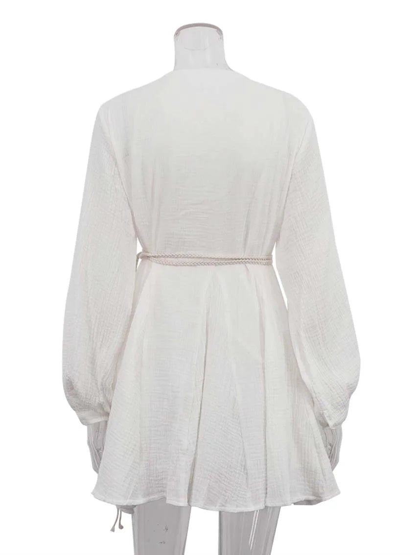 V-Neck Long Sleeve Lace-Up Dress