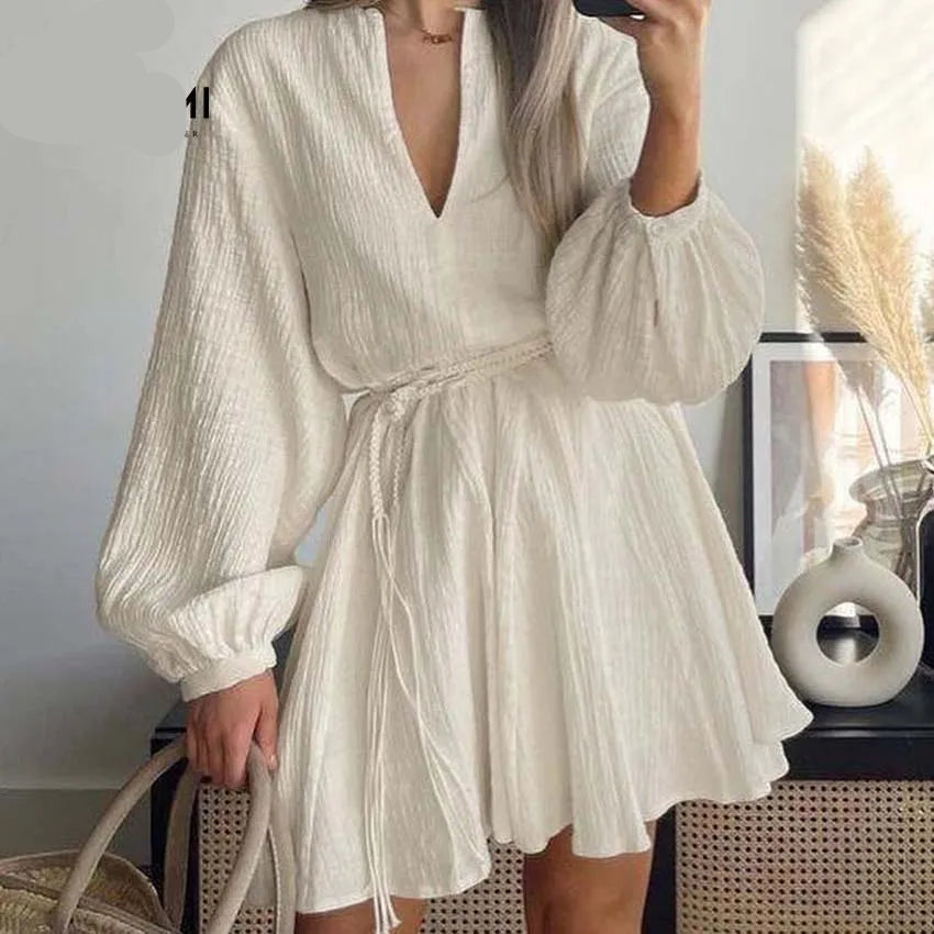 V-Neck Long Sleeve Lace-Up Dress