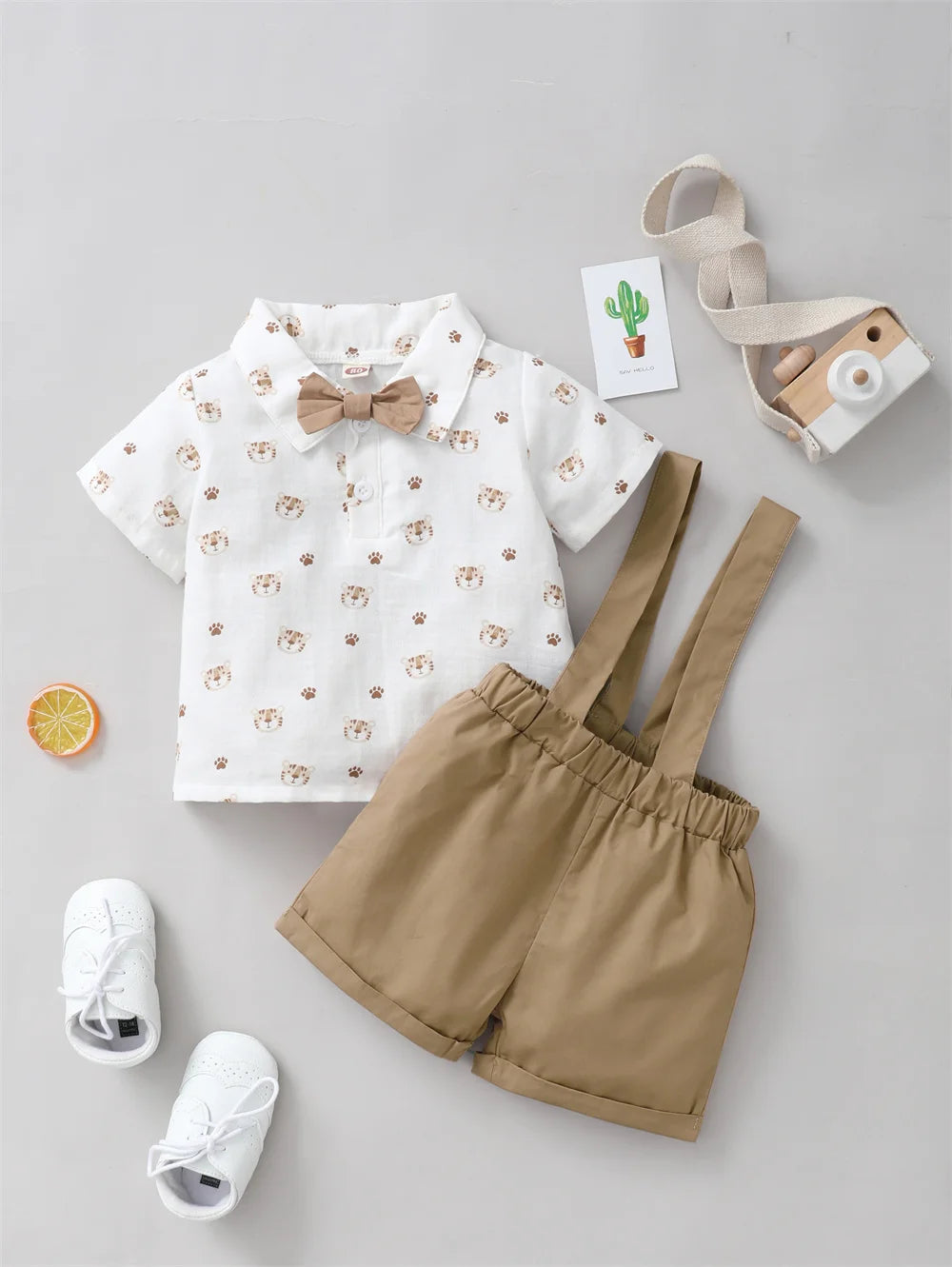 Infant Boy Clothes with Bow + Strap Shorts Set