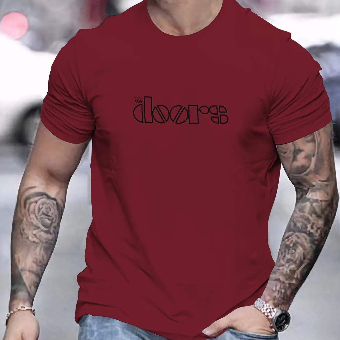 Men's Doors Printed Round Neck Short Sleeved T-shirt