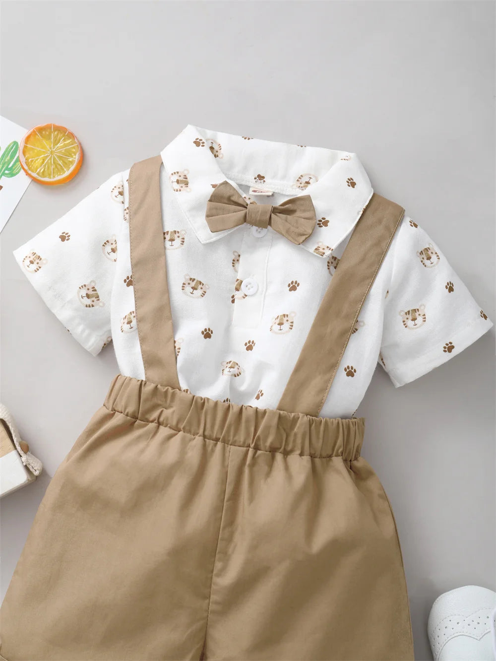 Infant Boy Clothes with Bow + Strap Shorts Set
