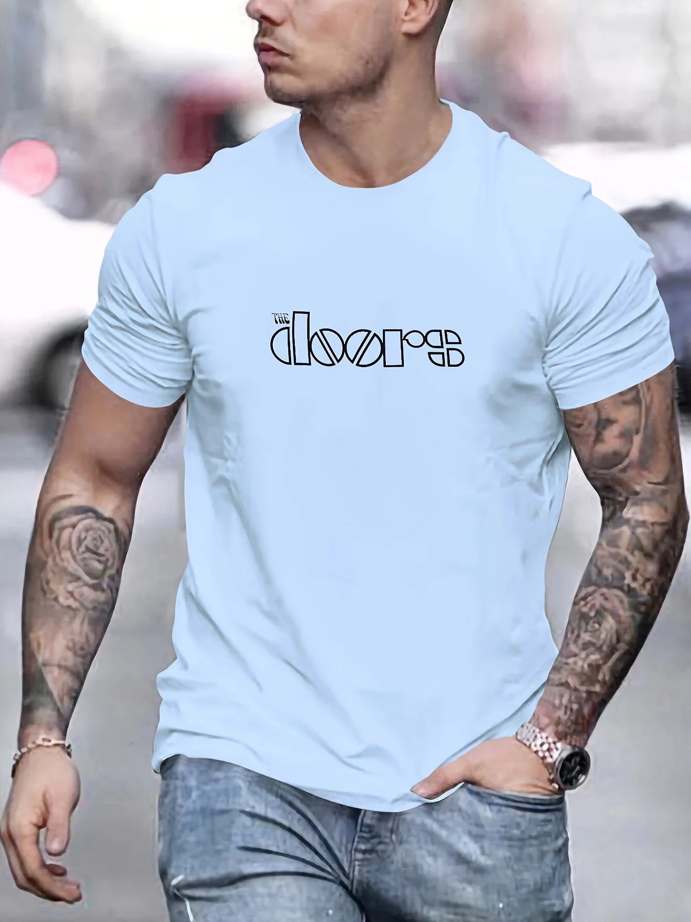 Men's Doors Printed Round Neck Short Sleeved T-shirt