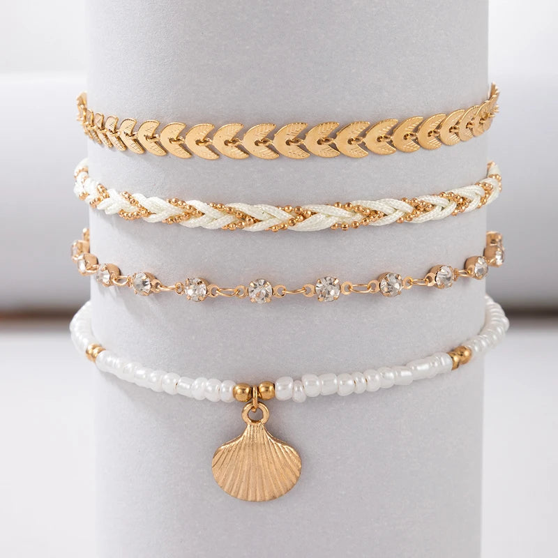 Boho Handmade Shell Seed Beads Anklet Set