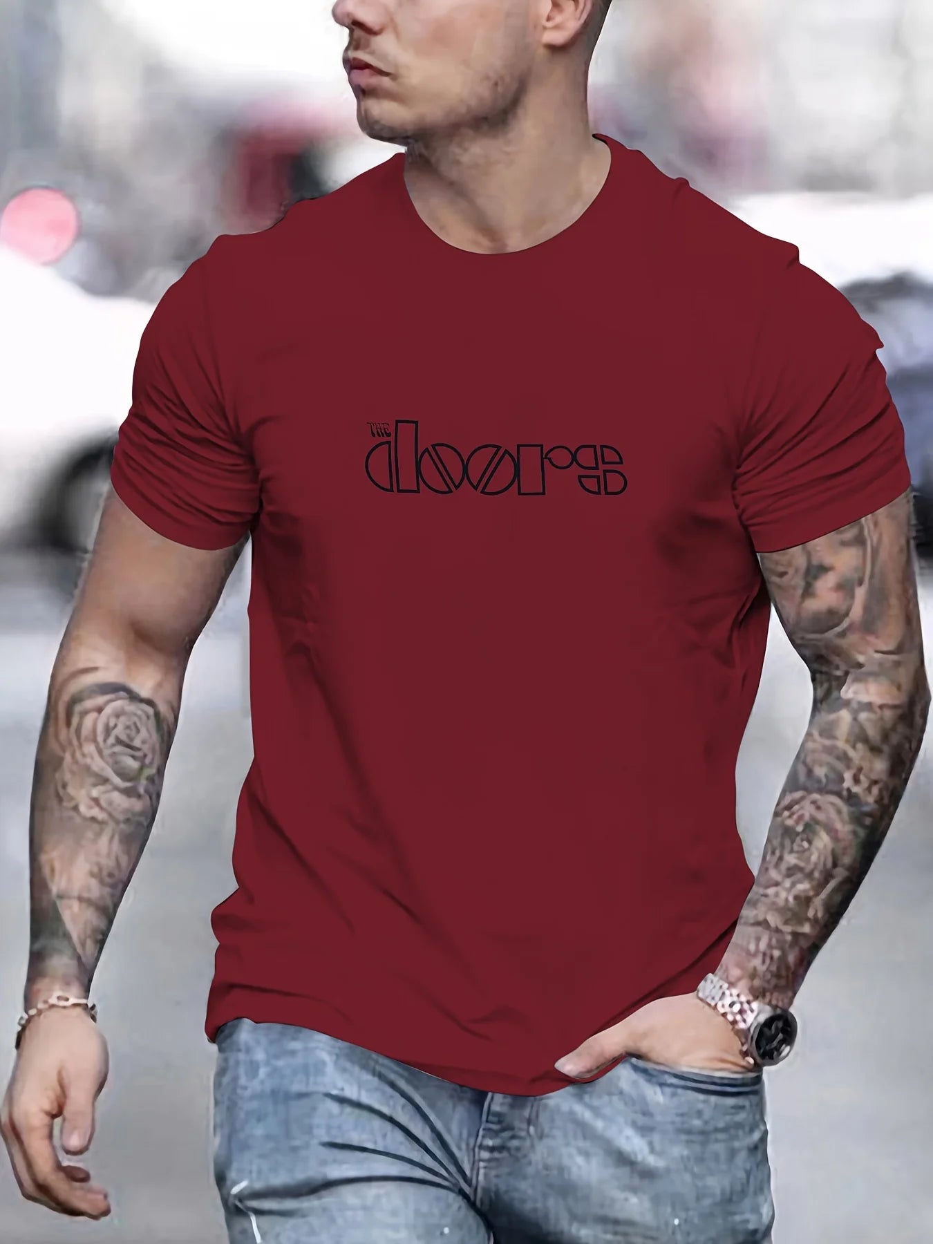 Men's Doors Printed Round Neck Short Sleeved T-shirt