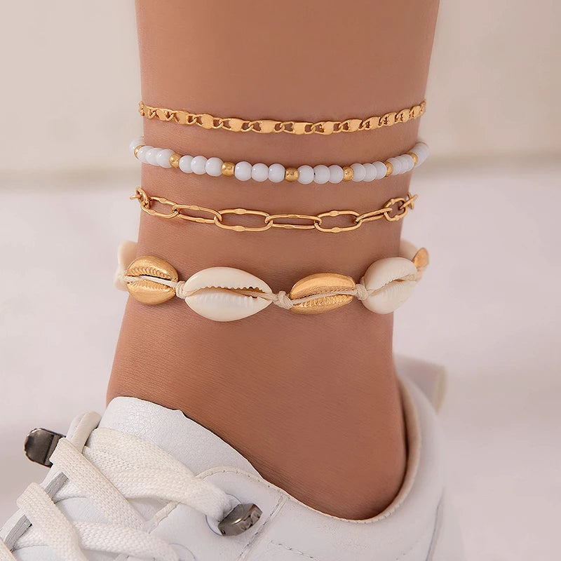 Boho Handmade Shell Seed Beads Anklet Set