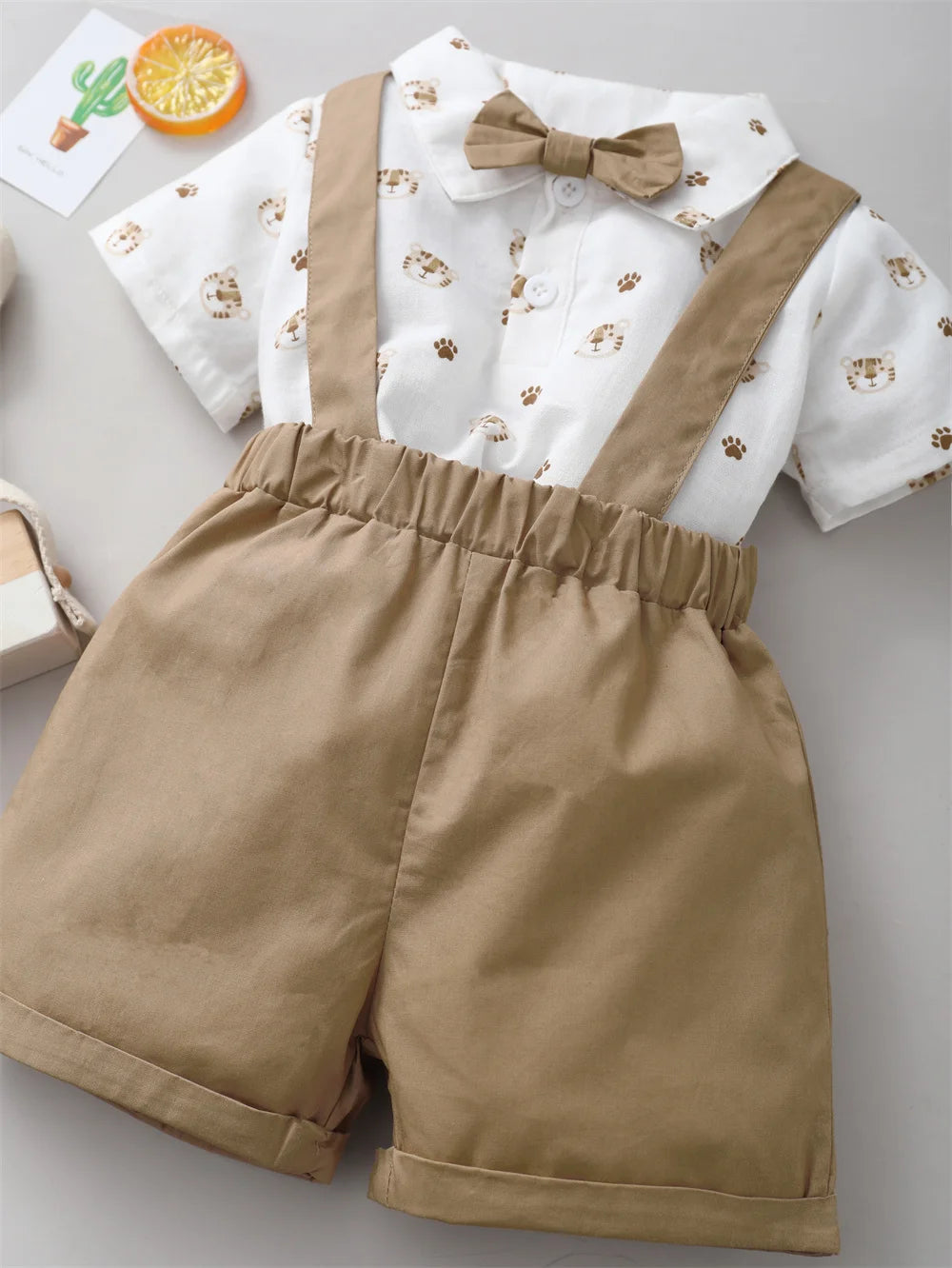 Infant Boy Clothes with Bow + Strap Shorts Set