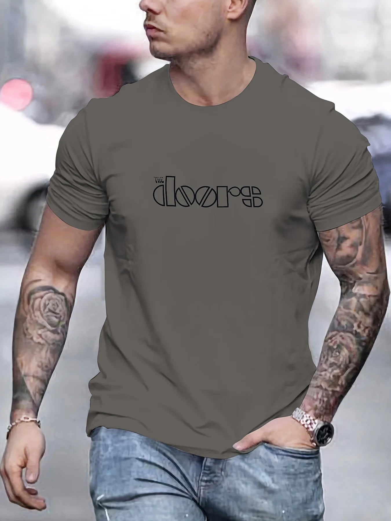 Men's Doors Printed Round Neck Short Sleeved T-shirt