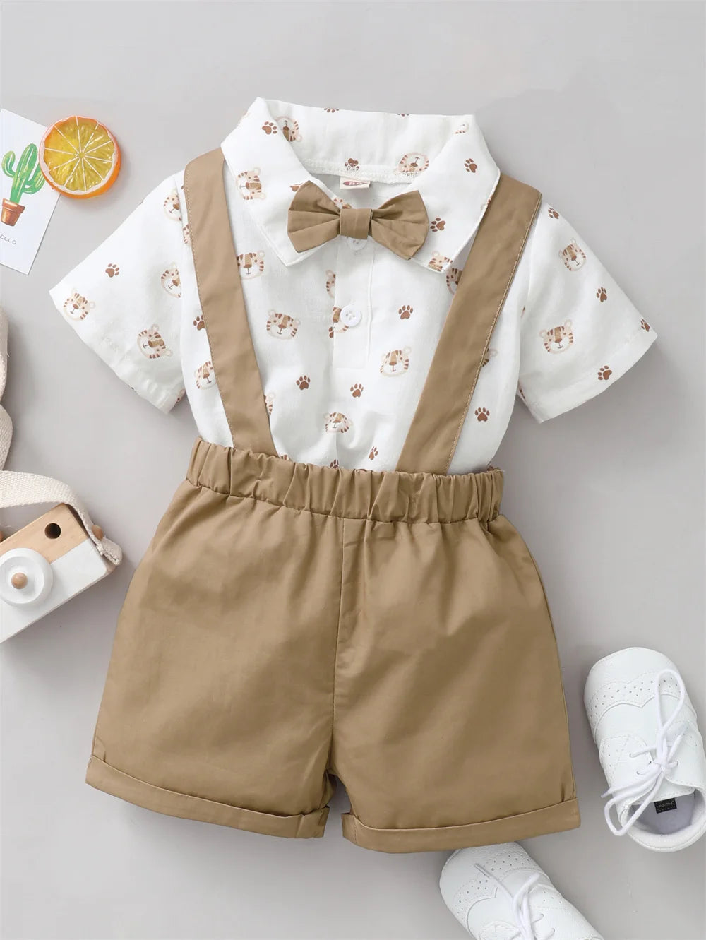Infant Boy Clothes with Bow + Strap Shorts Set