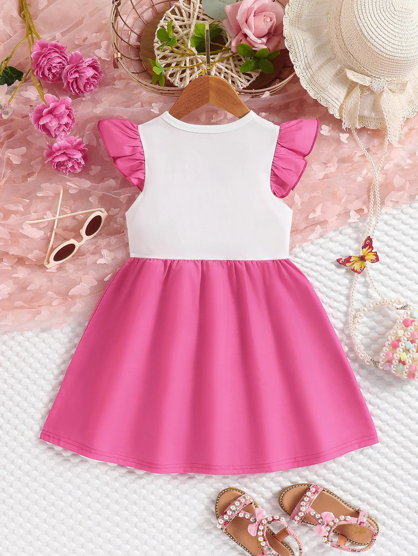 Girl's Butterfly Print Small Flying Sleeve Dress