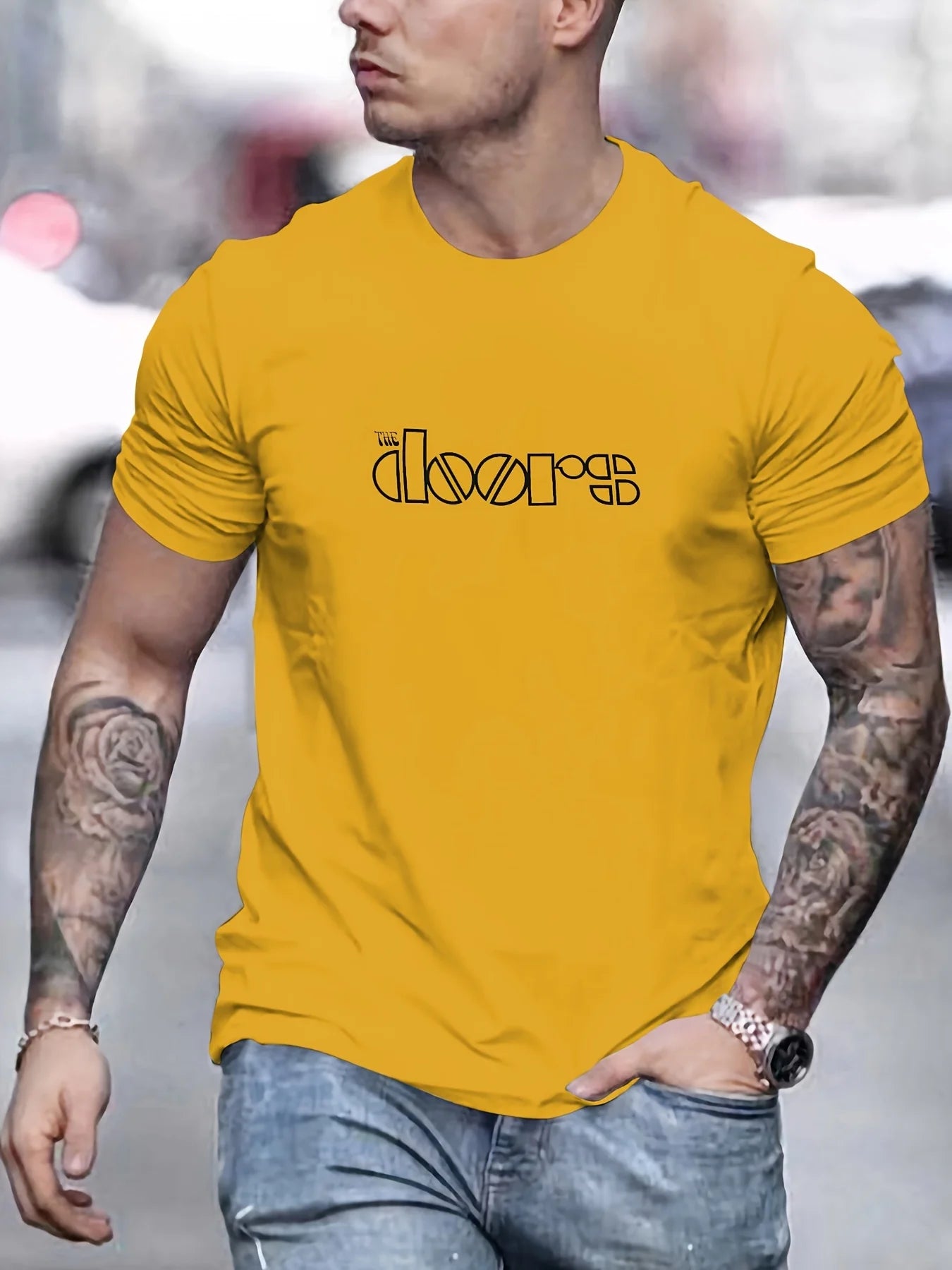 Men's Doors Printed Round Neck Short Sleeved T-shirt