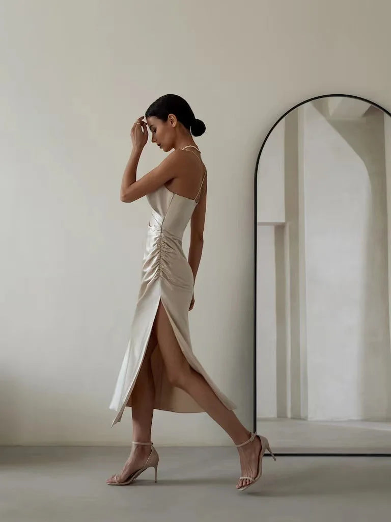 High Split Pleat Satin Formal Gown Dress