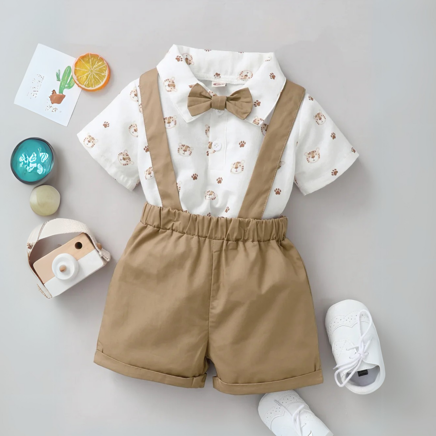 Infant Boy Clothes with Bow + Strap Shorts Set