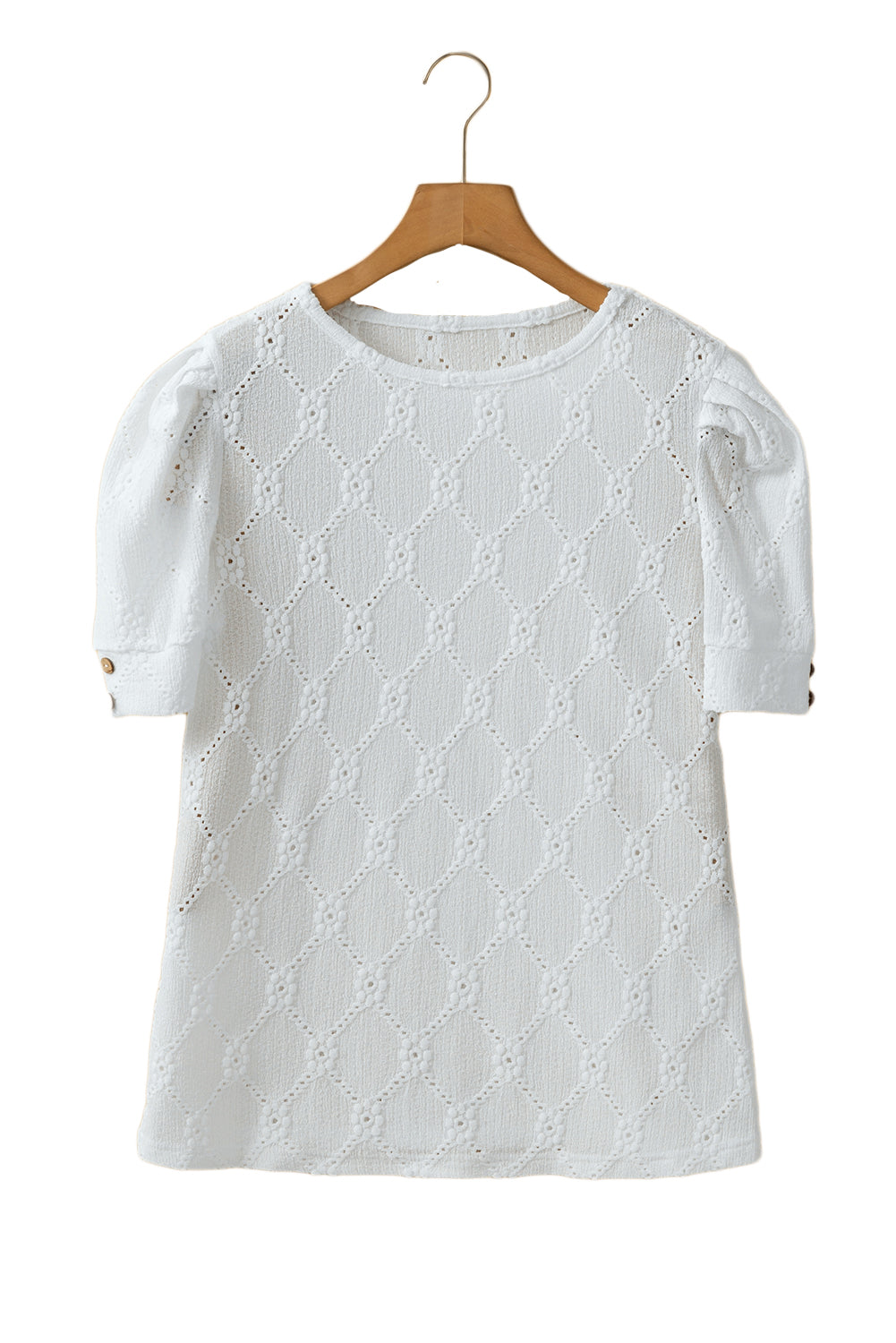 White Embroidered Floral Geometric Button Short Sleeve Top
