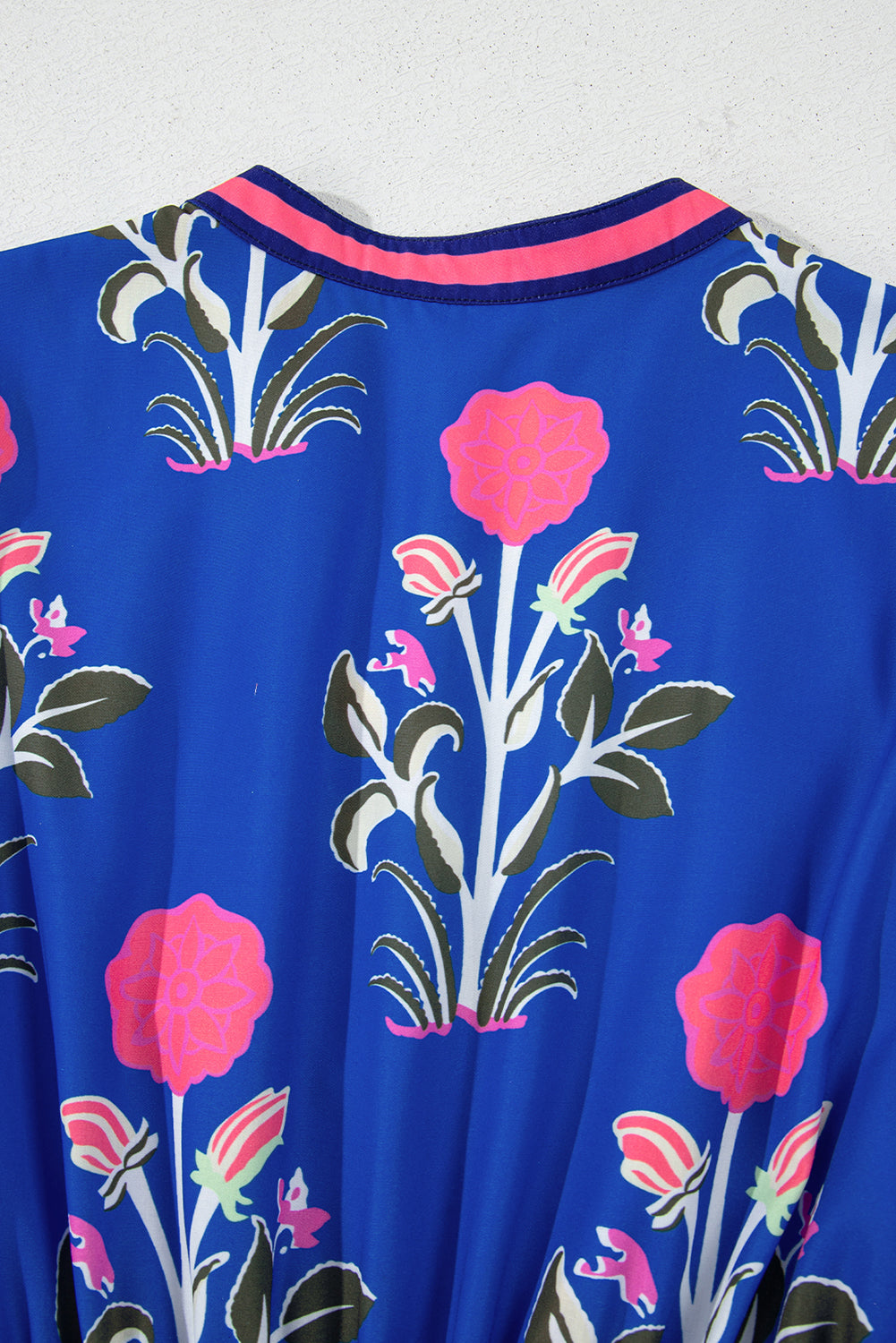 Sky Blue Floral Ruffle Hem Pop of Color Neckline Dress