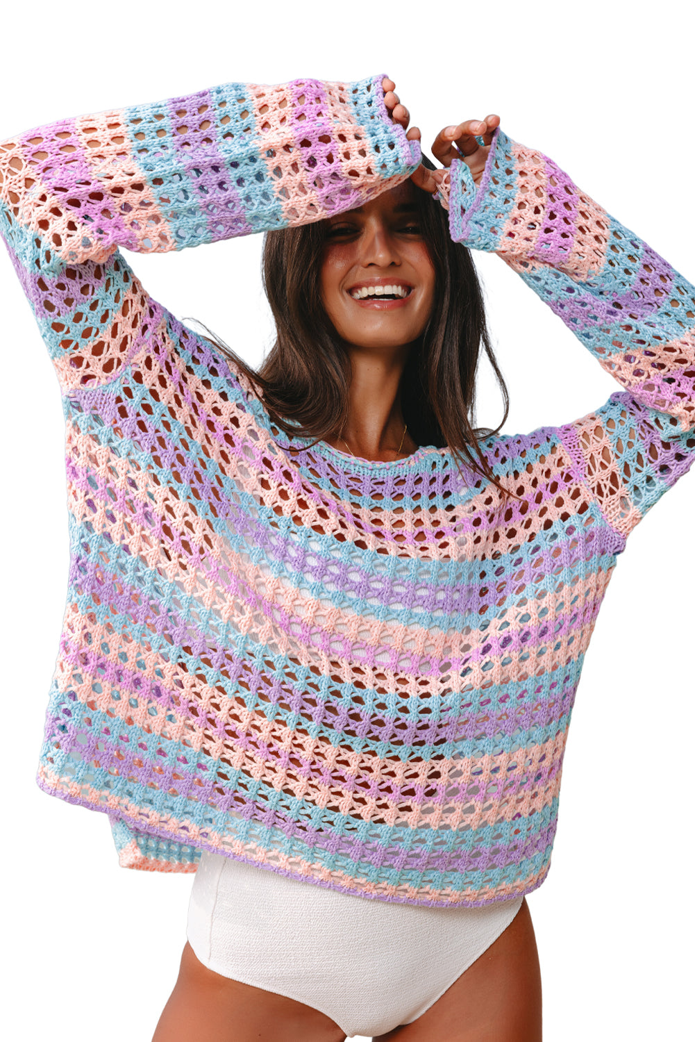 Carrot Striped Hollow Knit Summer Beach Cover Up