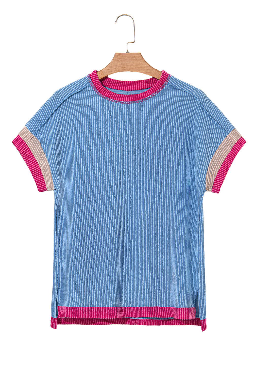 Rose Red Textured Colorblock Round Neck T Shirt