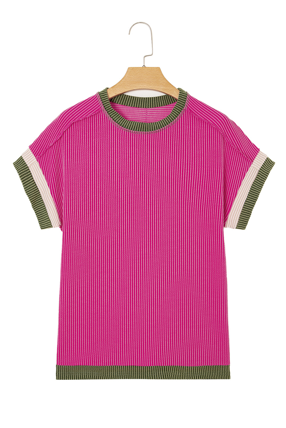 Rose Red Textured Colorblock Round Neck T Shirt
