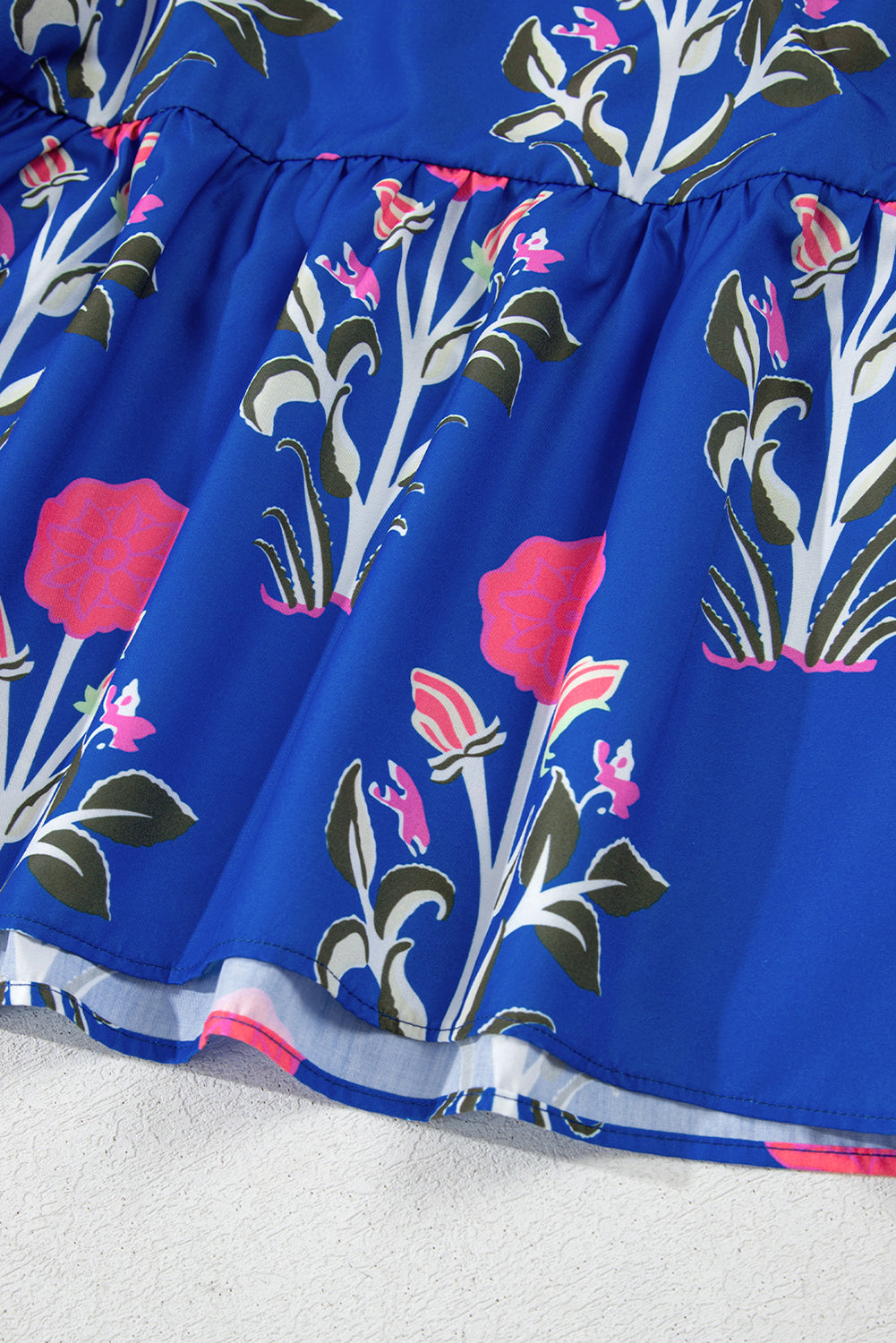 Sky Blue Floral Ruffle Hem Pop of Color Neckline Dress