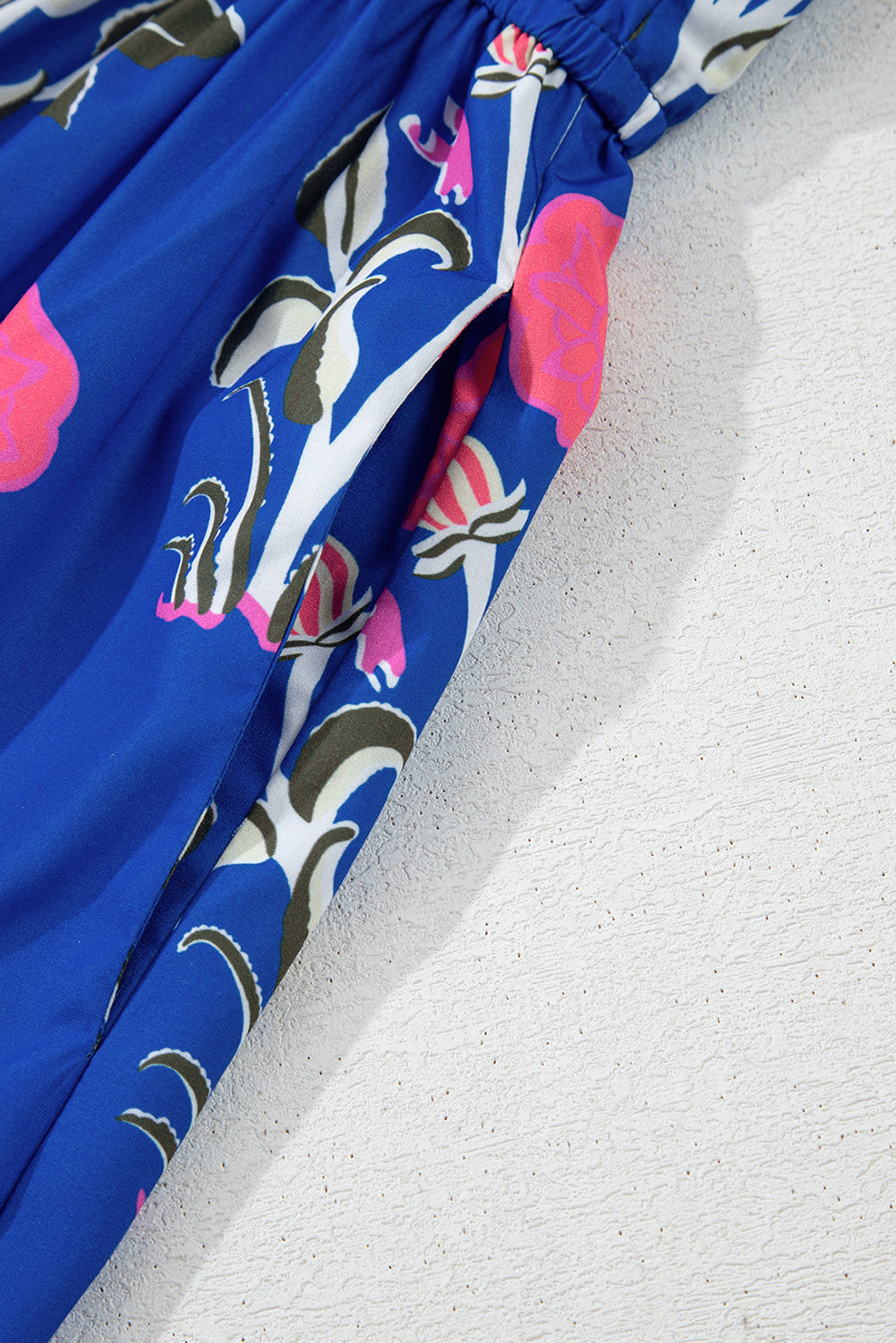Sky Blue Floral Ruffle Hem Pop of Color Neckline Dress