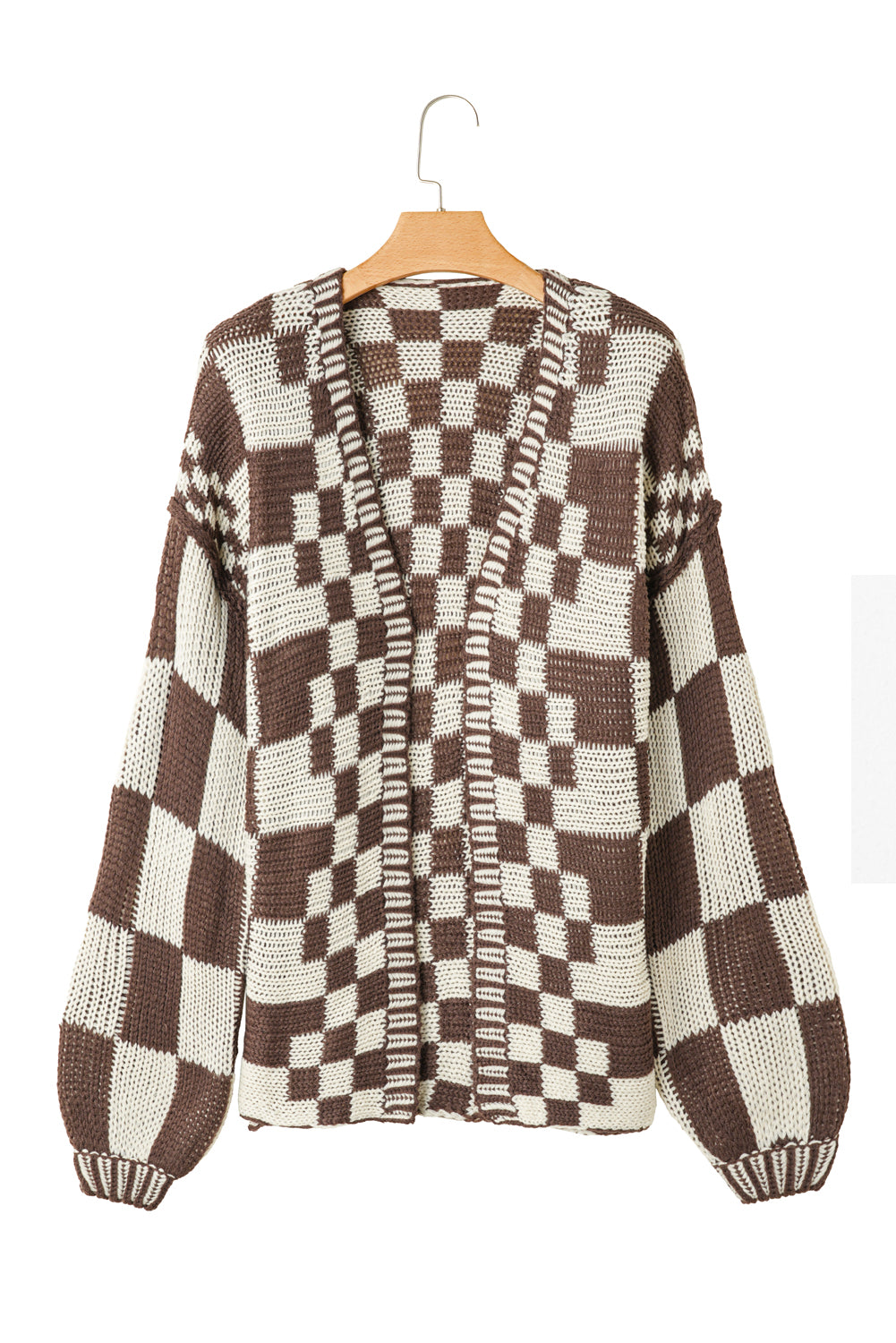 Taupe Colorblock Checked Open Front Knitted Cardigan