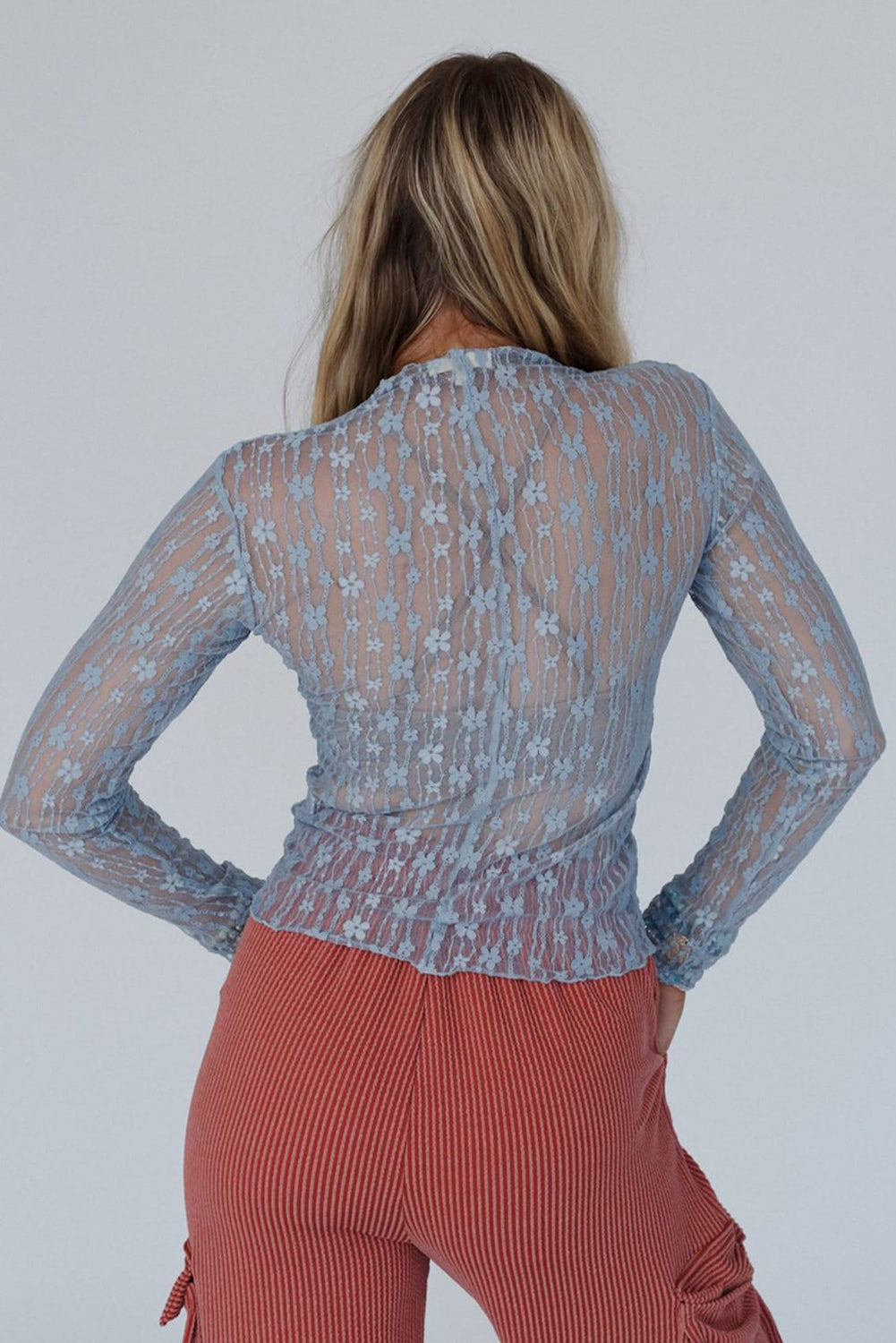 White Sheer Floral Lace Long Sleeve Slim Fit Top