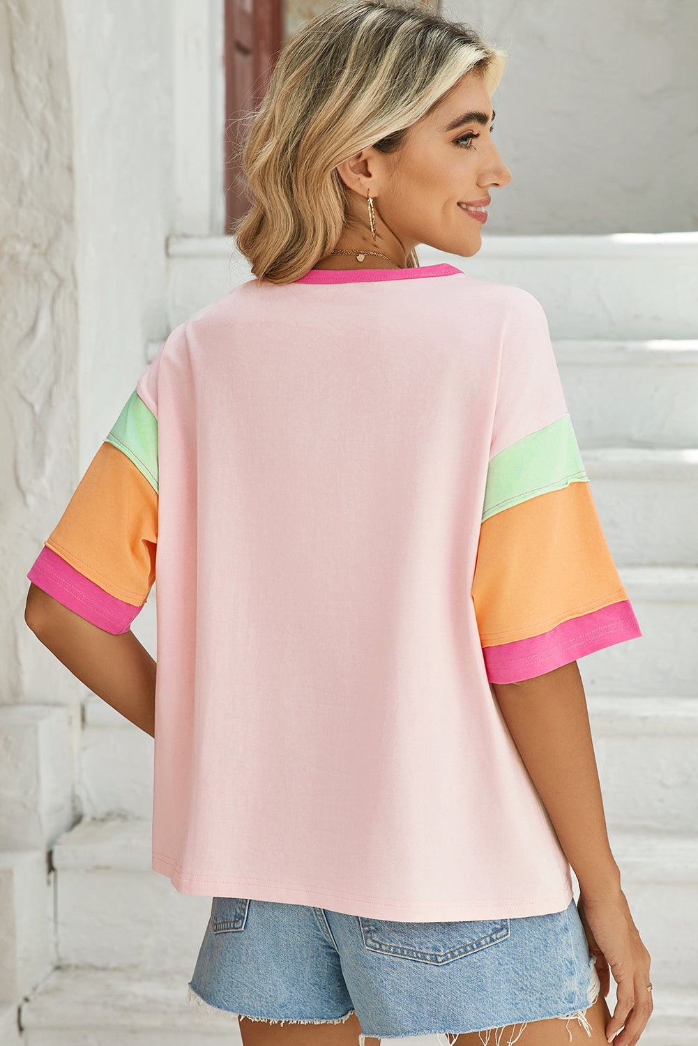 Light Blue Color Block Sleeve Round Neck Oversize Top