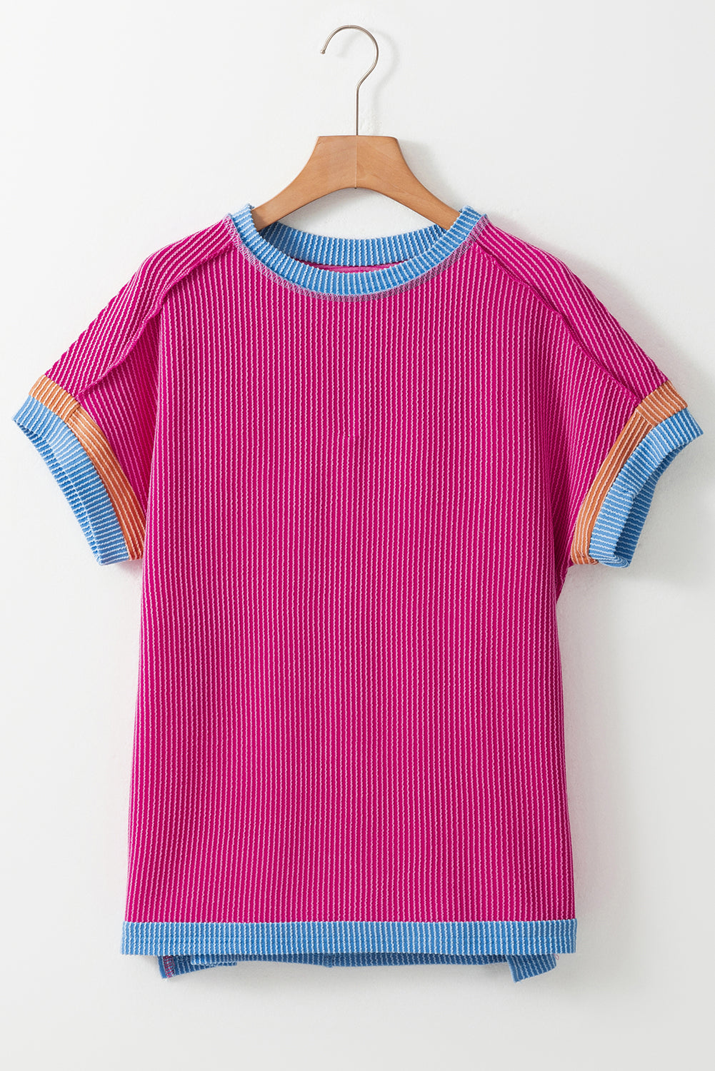 Rose Red Textured Colorblock Round Neck T Shirt