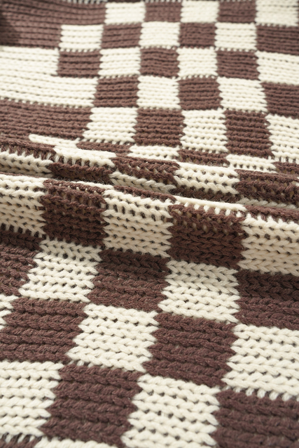 Taupe Colorblock Checked Open Front Knitted Cardigan