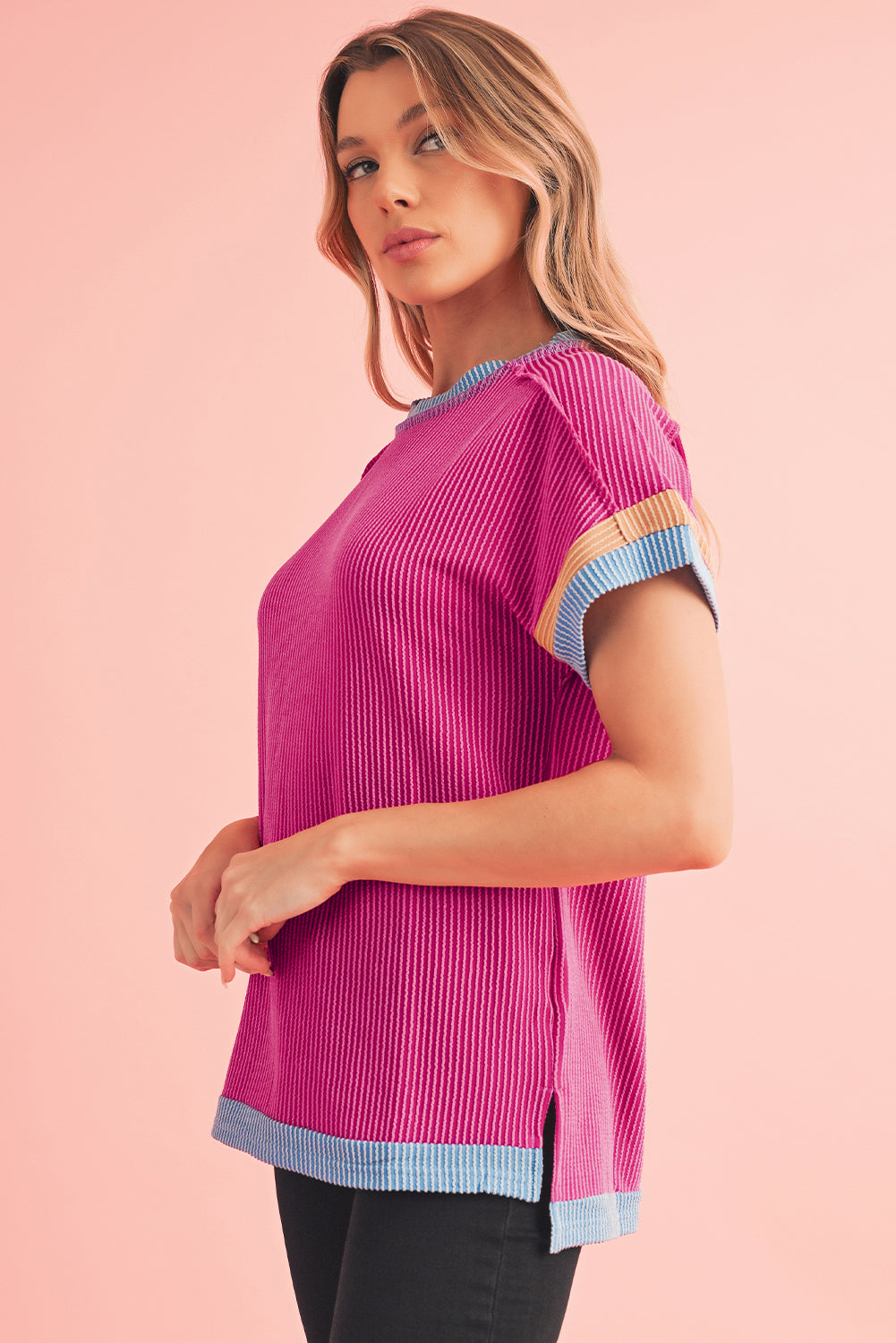 Rose Red Textured Colorblock Round Neck T Shirt