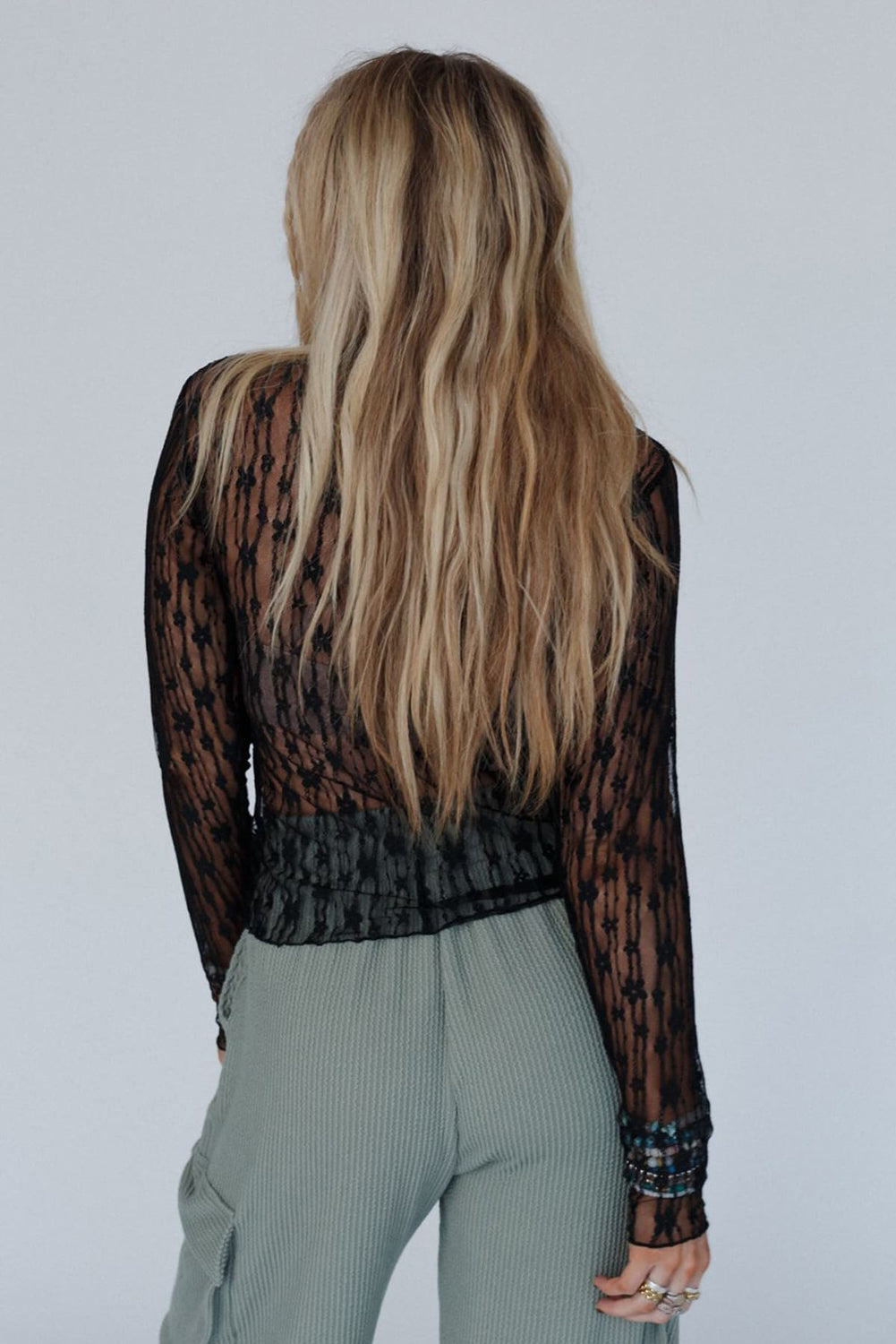 White Sheer Floral Lace Long Sleeve Slim Fit Top