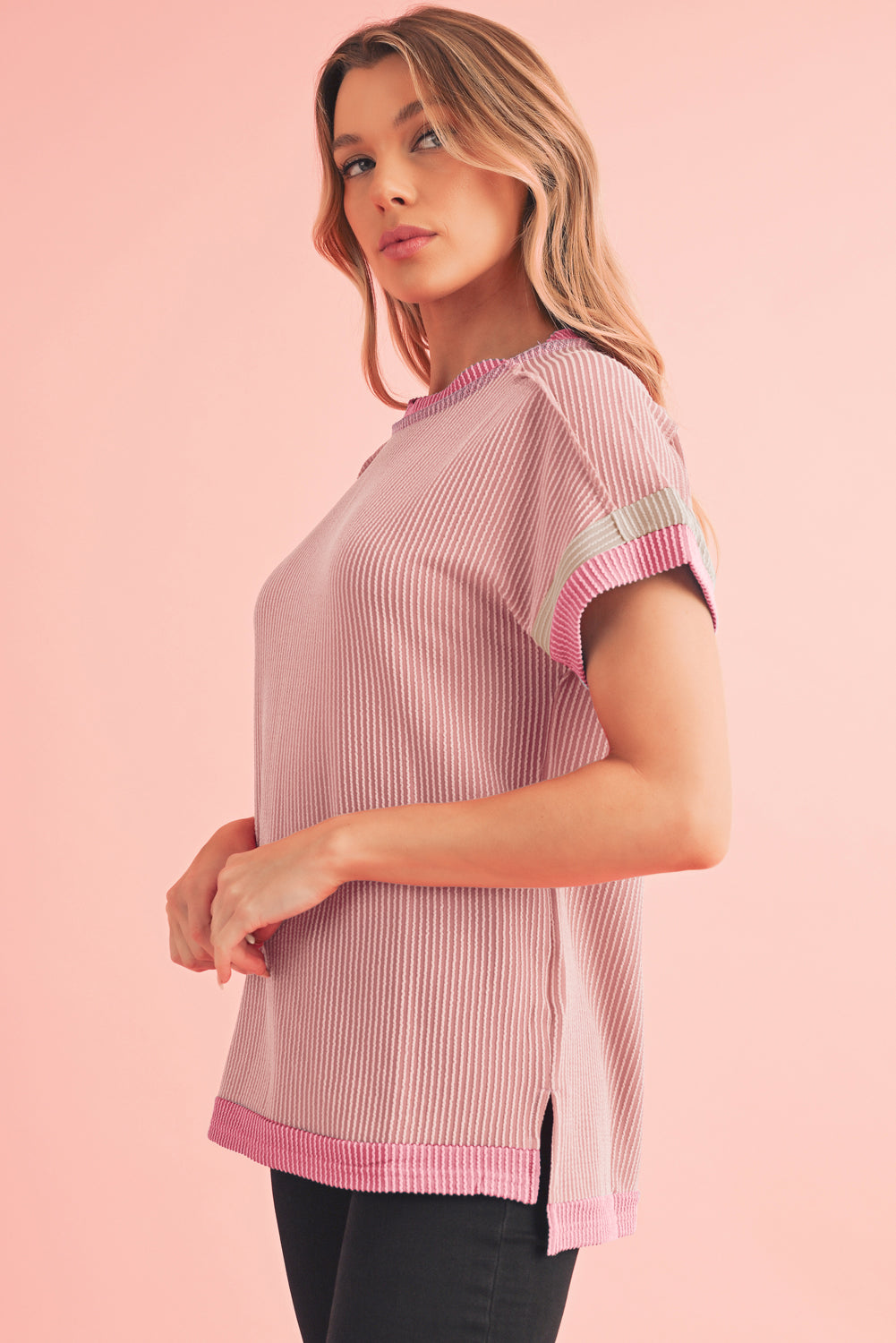 Rose Red Textured Colorblock Round Neck T Shirt