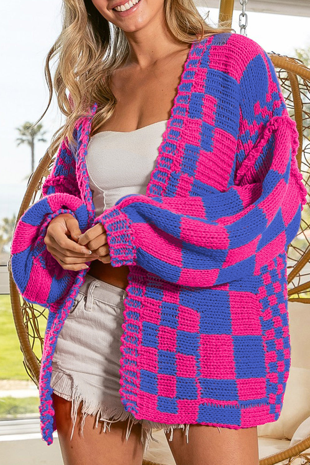 Taupe Colorblock Checked Open Front Knitted Cardigan