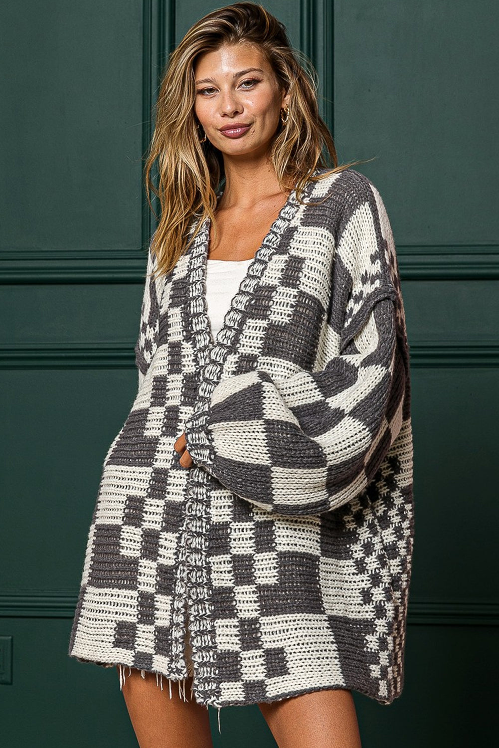 Taupe Colorblock Checked Open Front Knitted Cardigan