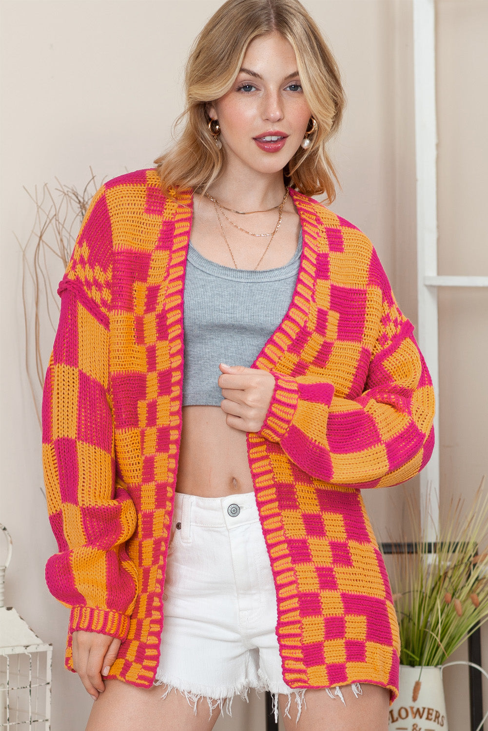 Taupe Colorblock Checked Open Front Knitted Cardigan