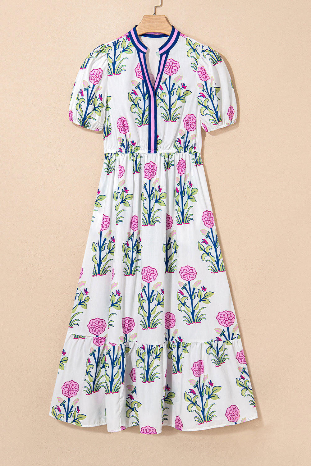 Sky Blue Floral Ruffle Hem Pop of Color Neckline Dress