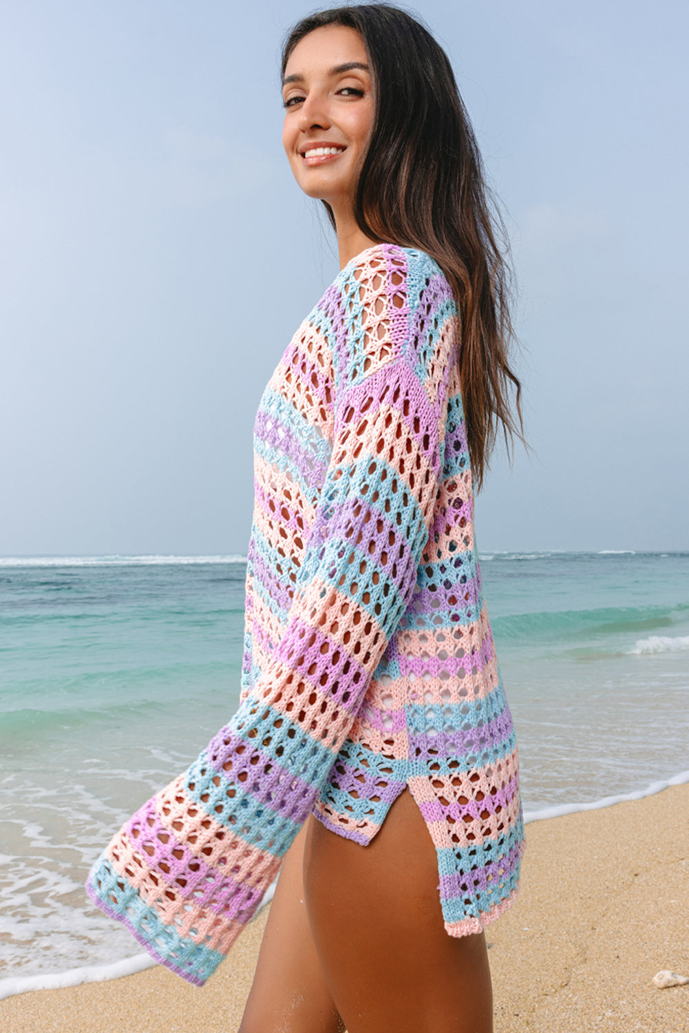 Carrot Striped Hollow Knit Summer Beach Cover Up