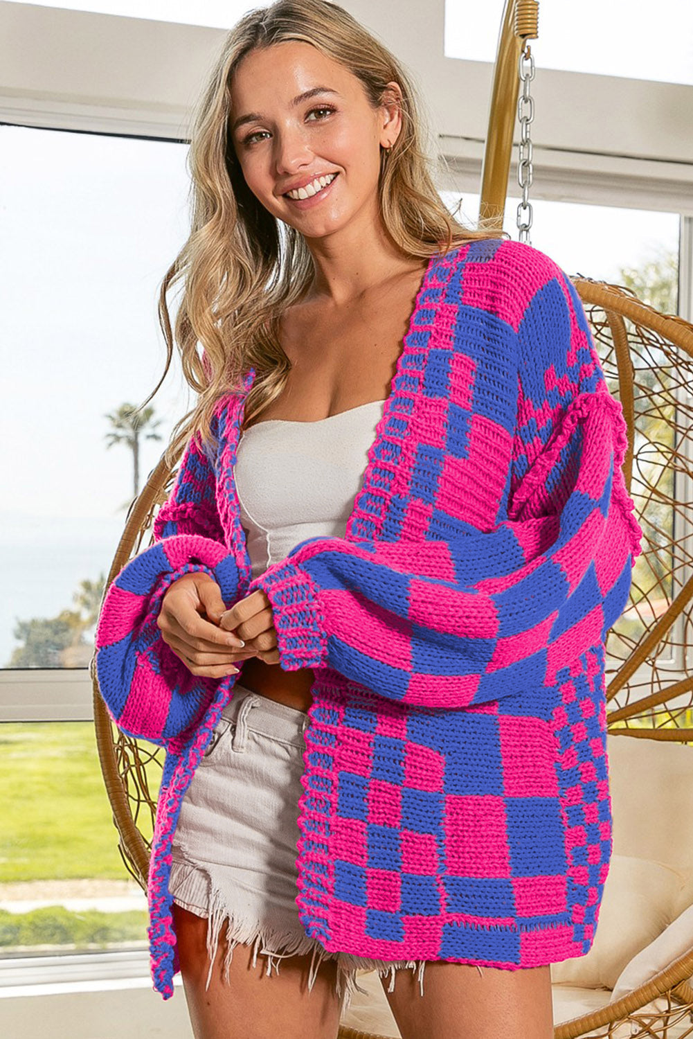 Taupe Colorblock Checked Open Front Knitted Cardigan