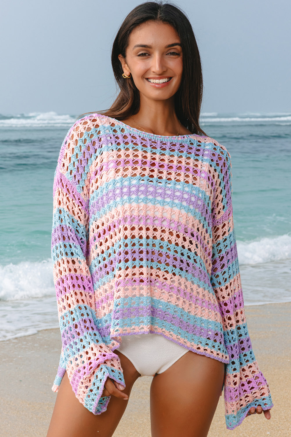 Carrot Striped Hollow Knit Summer Beach Cover Up