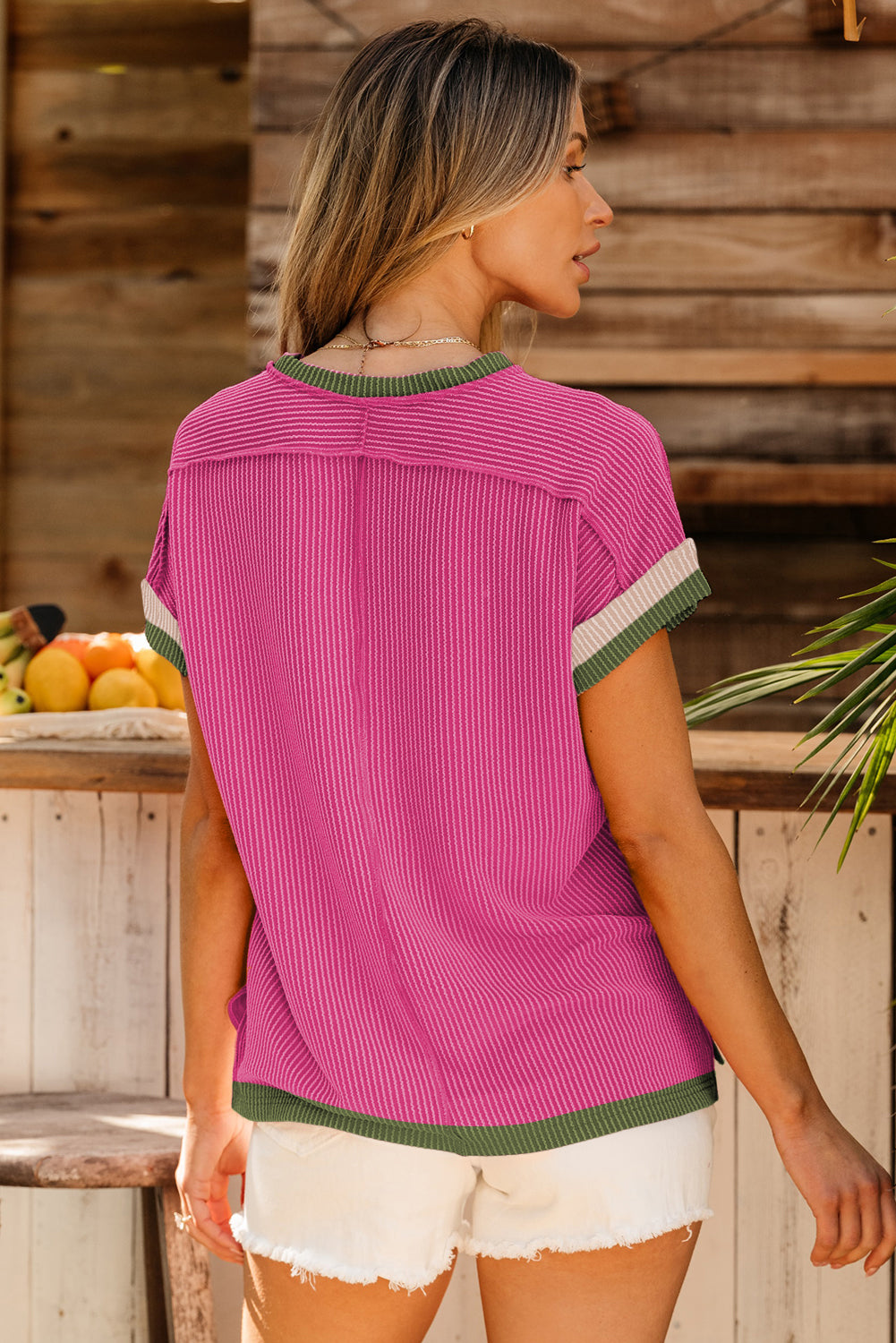 Rose Red Textured Colorblock Round Neck T Shirt