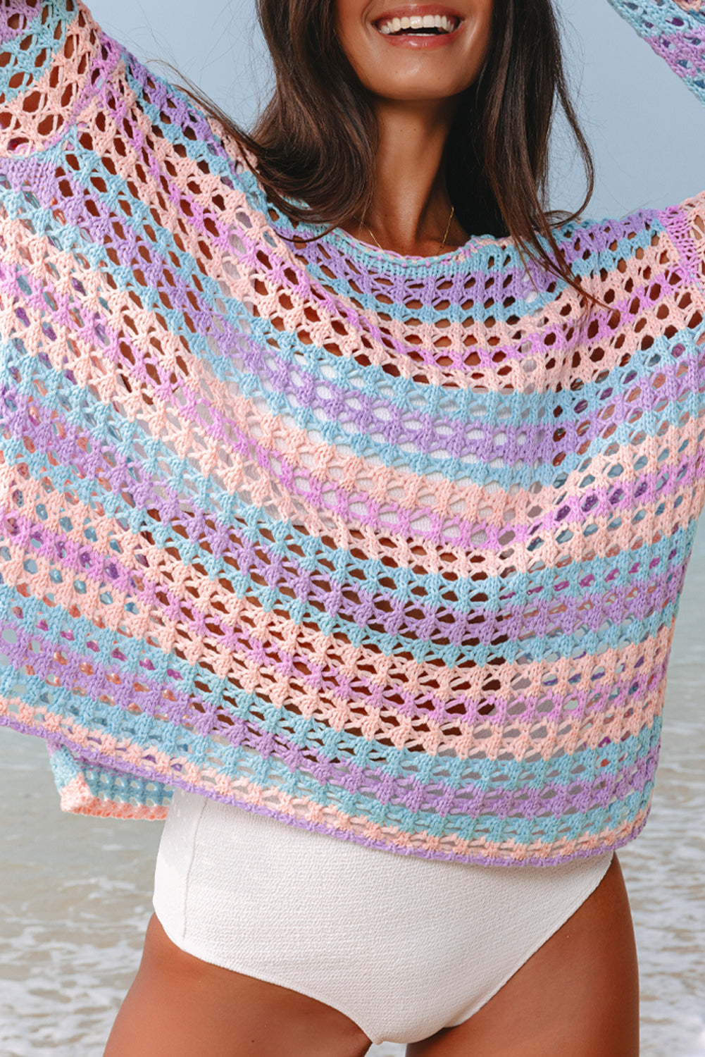 Carrot Striped Hollow Knit Summer Beach Cover Up