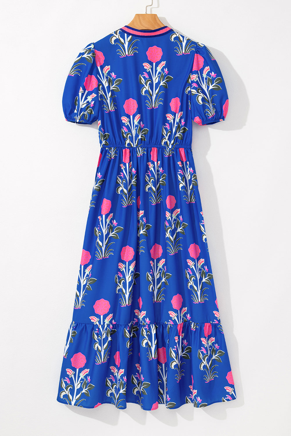 Sky Blue Floral Ruffle Hem Pop of Color Neckline Dress