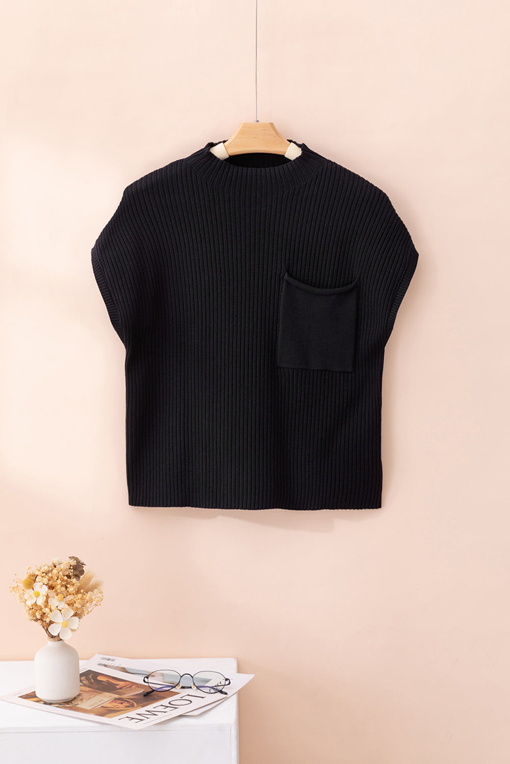 Dark Blue Patch Pocket Ribbed Knit Short Sleeve Sweater