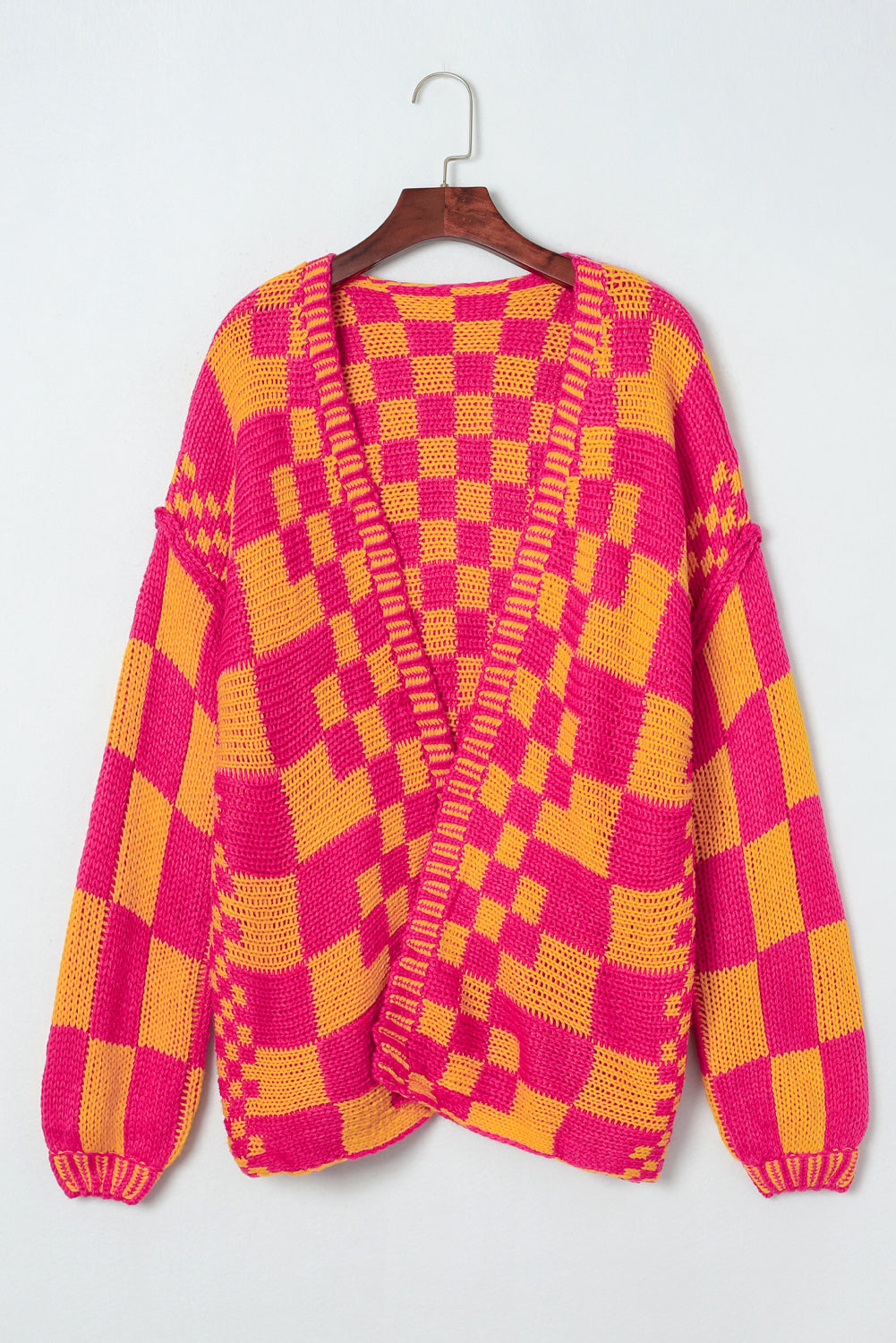 Taupe Colorblock Checked Open Front Knitted Cardigan